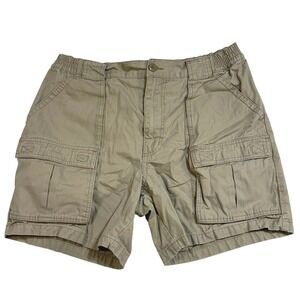 Mens Khaki Cotton Canvas Cargo Shorts Size 34 Elastic Waist Tan 6in Dad Grandpa